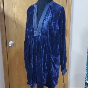 Free people crushed velvet blue tunic dress with pockets size medium